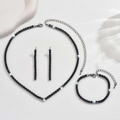 Unicra Rhinestone Bridal Wedding Jewelry Set Silver Necklace Earrings Bracelet Sets Prom Formal Costume Jewelry Sets for Women and Brides - color: Black