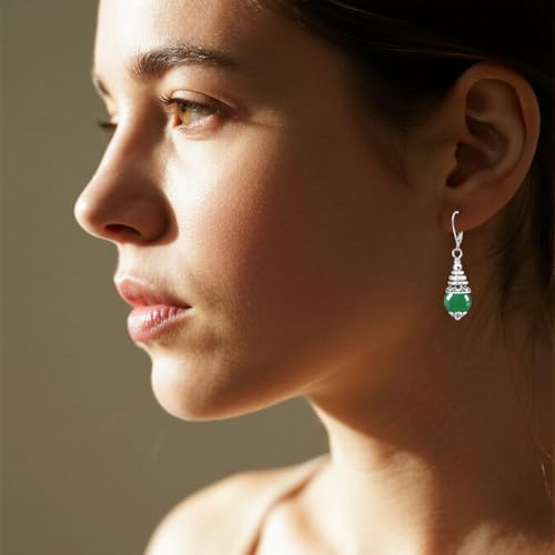 Natural 10mm Stone Beads Drop Earrings,Retro Silver Round Quartz Crystal Gemstone Beads Dangle Earrings for Women - color: A07_Green Agate