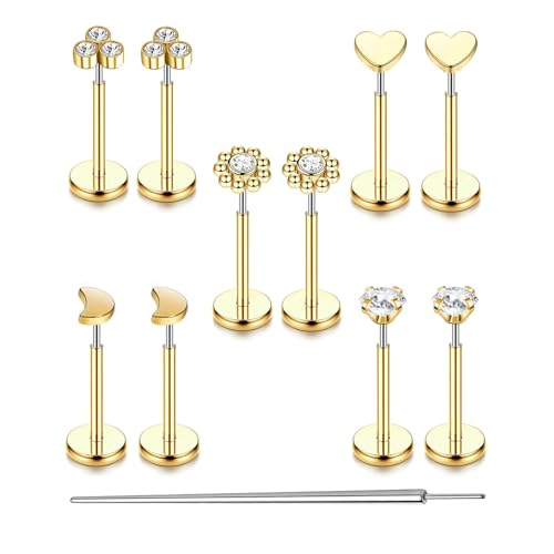 Uni-J 10pcs 20G/18G/16G Threadless Push-in Tragus Conch Cartilage Flat Back Helix Labret Monroe Lip Ring Daith Piercing Jewelry - color: Gold 6mm