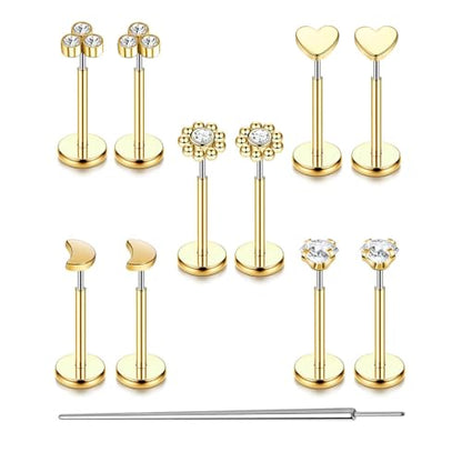 Uni-J 10pcs 20G/18G/16G Threadless Push-in Tragus Conch Cartilage Flat Back Helix Labret Monroe Lip Ring Daith Piercing Jewelry - color: Gold 6mm