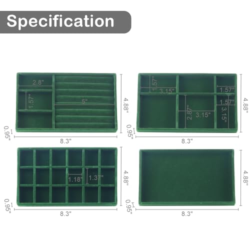 Jewelry Trays for Drawers, Set of 8 Stackable Velvet Jewelry Tray Inserts for Rings, Earrings, Necklaces, Bracelets – Fits Most Dresser/Closet Drawers, Non‑Slip Lined, Green - color: Green