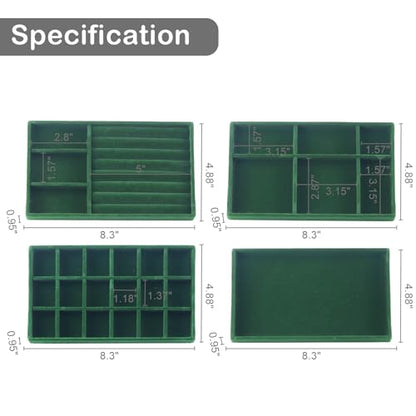 Jewelry Trays for Drawers, Set of 8 Stackable Velvet Jewelry Tray Inserts for Rings, Earrings, Necklaces, Bracelets – Fits Most Dresser/Closet Drawers, Non‑Slip Lined, Green - color: Green