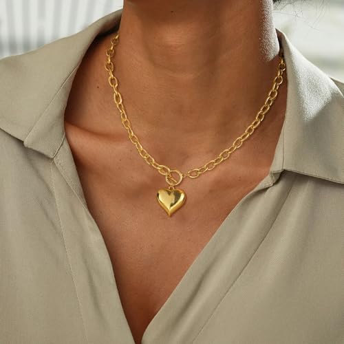 Dainty Heart Necklace for Women, 14k Gold Plated/Rose Gold/Silver Tiny Cute Heart Pendant Necklace Minimalist Choker CZ Necklace Jewelry Gifts for Women - style: Chunky Heart-gd