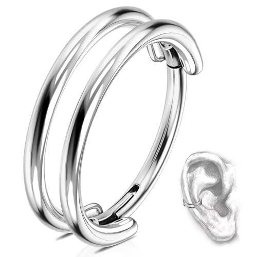 G23 Titanium Conch Piercing Jewelry Hoop: 16G 8mm/10mm/12mm Diamond Cartilage Earring Helix Double Piercing Hoop Septum Rings Hypoallergenic Nose Rings Hinged Segment Clicker Lip Rings Rook Daith Tragus Earrings - color: Silver-Double Layers
