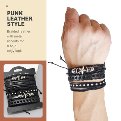 6 Pcs Goth Punk Bracelets Studded Faux Leather Cuff Adjustable Alt Wristband for Women Men Gothic Rock Biker Jewelry Set