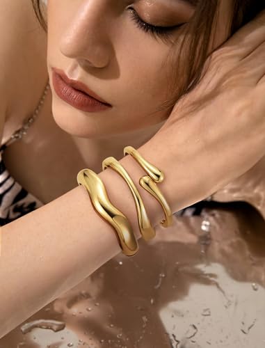 Chunky Gold Bangle Bracelets for Women – 14k Gold Plated | Cuff Bangles, Stackable Bracelet Set, Wide Trendy Fashion, Jewelry Gift - color: 03-Gold-3pcs
