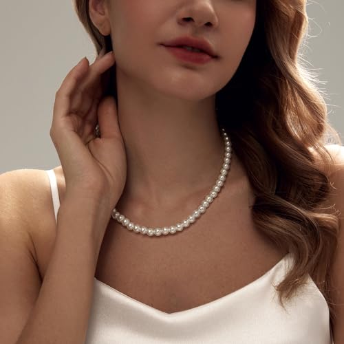 Zeffy Pearl Necklace 8MM Dainty Round Imitation Pearl Choker Necklace Wedding Pearl Necklace Delicate Jewelry for Women Simple Bridesmaid Jewelry Gifts - style: Style2-8mm Silver Pearl Necklace(16"+2")