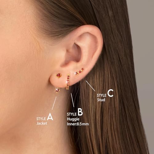 3 Pairs Dainty Small Earrings Set for Women Trendy, Birthstone Stud Huggie Hoop Jacket Stack for Cartilage Helix, Gold Plated Hypoallergenic Cute Women Fashion Accessories Western Jewelry Gifts - color: 01Red Created Garnet-Jan (Gold)