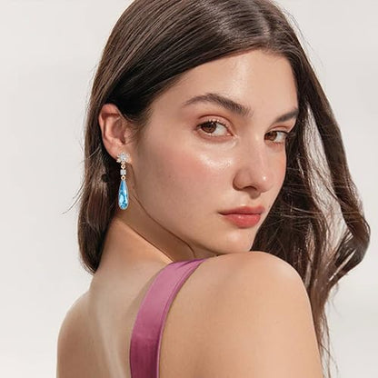 Austrian Crystal Teardrop Earrings Flower Dangle Earrings for Women 14K Gold Plated Drop Stud Earrings Hypoallergenic Jewelry - color: Aquamarine