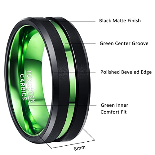 NUNCAD 8mm Men's Tungsten Rings Multi-Color/Green/Purple Plated Grooved Black Matte Finish Beveled Edges Size 4 to 16 - color: Green Grooved