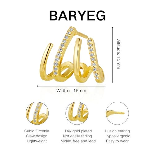 Gold Triple Hoop Illusion Stud Earrings, 14K Chunky Gold Plated Hoop Earrings Cuff Earrings for Women Trendy, Hypoallergenic Earrings Set Jewelry Gift - color: Triple hoop earrings-claw