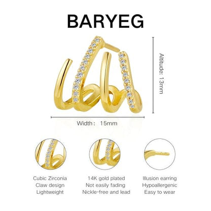 Gold Triple Hoop Illusion Stud Earrings, 14K Chunky Gold Plated Hoop Earrings Cuff Earrings for Women Trendy, Hypoallergenic Earrings Set Jewelry Gift - color: Triple hoop earrings-claw