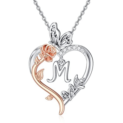 TOUPOP Gifts for Women Her 925 Sterling Silver Rose Heart Initial Necklace Butterfly Heart Jewelry Anniversary Birthday Gifts for Wife Girlfriend Mom - color: Silver