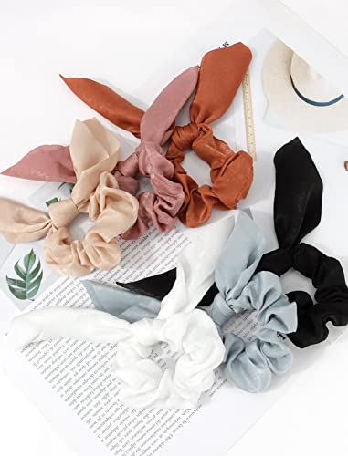 Silk Bunny Ear Hair Ties - Cute Satin Scrunchies with Bows for Girls and Women, Jaciya Hair Accessories Elastic Ropes Ponytail Holders | 6 Pack Bow Hair Scrunchy Bands Elastic Satin Hair Ties with Bow Gentle Accessories for Sleep Work Everyday Hairstyling