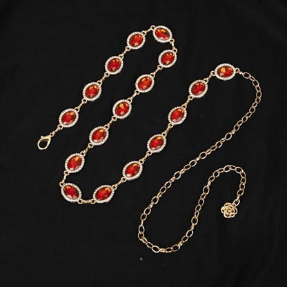 ILuvatar Green Glass Diamond Chain Belt - Metal Women's Western Style Dress Belt - color: Red-8