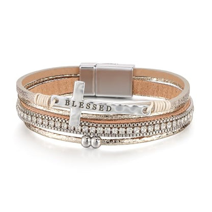 Women's Layered Leather Bracelet, Beige Boho Wrap Cuff with Silver Cross Charm Engraved BLESSED, Rhinestone & Beaded Details, Religious Faith Jewelry Gift for Her