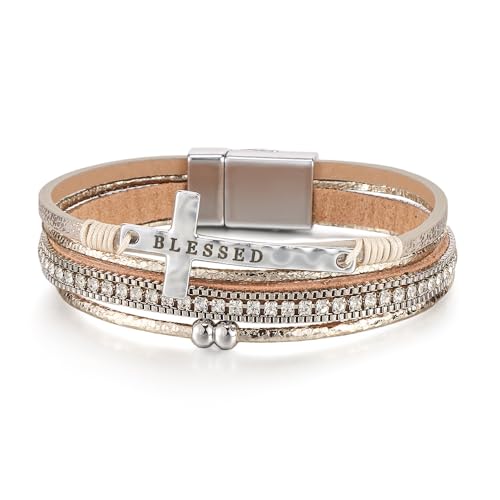 Women's Layered Leather Bracelet, Beige Boho Wrap Cuff with Silver Cross Charm Engraved BLESSED, Rhinestone & Beaded Details, Religious Faith Jewelry Gift for Her