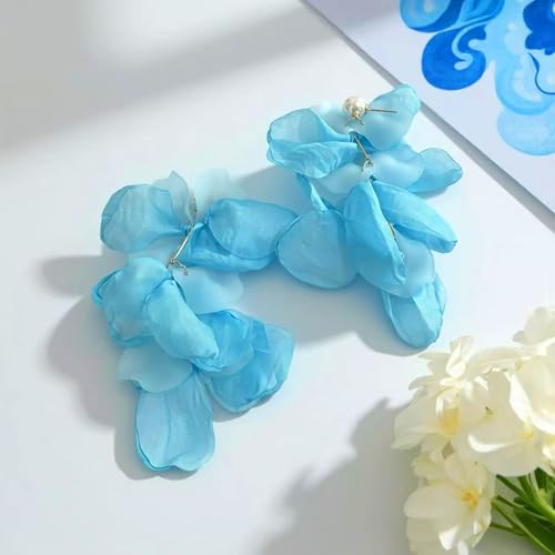 Handmade Bohemian Lightweight Fabric Flower Dangle Drop Earrings Chic Pearl Large Tassel Petal Stud Earrings For Women - color: Sky Blue