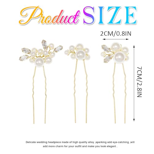 Heread Pearl Bride Wedding Hair Pins Crystal Bridal Headpiece Hair Accessories for Women and Girls （Pack of 3） (Gold) - color: Gold