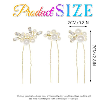 Heread Pearl Bride Wedding Hair Pins Crystal Bridal Headpiece Hair Accessories for Women and Girls （Pack of 3） (Gold) - color: Gold