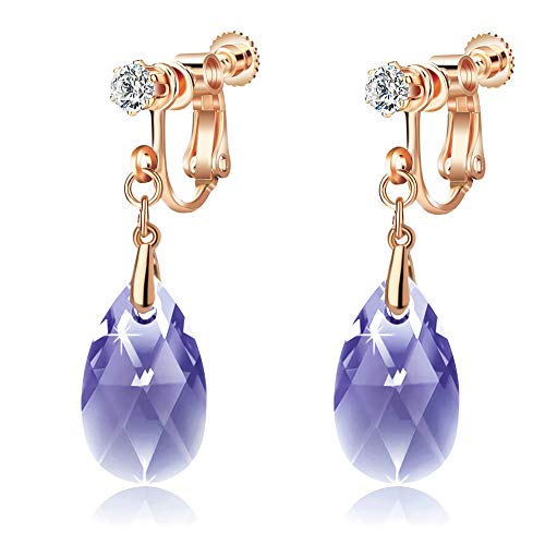 EVEVIC Austrian Crystal Teardrop Clip On Drop Earrings for Women | Adjustable Screw-Back Fit, 14K Rose Gold-Plated, Soft Silicone Pads Included, Comfortable For Pierced Or Non-Pierced Ears - color: Tanzanite