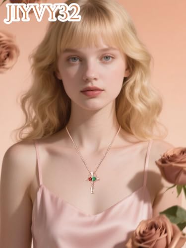 Rose Gold Cross Necklace with 2 Birthstones and Rose | Cross with Birthstone Necklace, Hypoallergenic, Adjustable Rolo Chain, Birthday Gifts, Catholic Christian Religious Jewelry - color: 04-08-Apr-Aug Birthstone