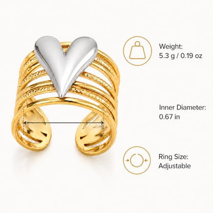 Two Tone Heart Open Ring 18K Gold Plated Stainless Steel Wide Band Adjustable Statement Ring for Women Fashion Jewelry