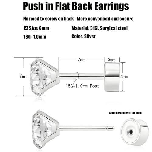 Threadless Flat Back Earrings, Hypoallergenic 14K Real Gold Plated CZ Stud Earrings | Cartilage Earring | Tragus Helix Piercing Jewelry | Push in Flatback Earrings for Women Men - color: Silver, size: 6 Millimeters