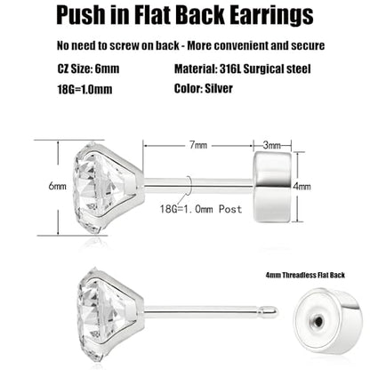 Threadless Flat Back Earrings, Hypoallergenic 14K Real Gold Plated CZ Stud Earrings | Cartilage Earring | Tragus Helix Piercing Jewelry | Push in Flatback Earrings for Women Men - color: Silver, size: 6 Millimeters
