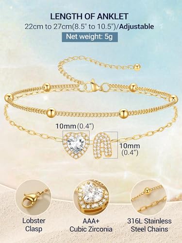 PROSTEEL Initial Ankle Bracelets for Women Waterproof, A-Z Gold/Silver Layered Anklets Adjustable, Summer Beach Gift Jewelry - color: Gold, size: A