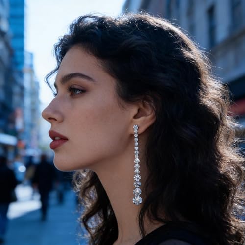 Wedding Long Rhinestone Earrings Silver Crystal Dangle Earring Diamond Cubic Zirconia Bridal Drop Sparkly Tassel Cz Brides Stud Shiny Statement Formal Bridesmaid Party Prom Jewelry Women
