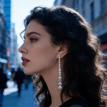 Wedding Long Rhinestone Earrings Silver Crystal Dangle Earring Diamond Cubic Zirconia Bridal Drop Sparkly Tassel Cz Brides Stud Shiny Statement Formal Bridesmaid Party Prom Jewelry Women