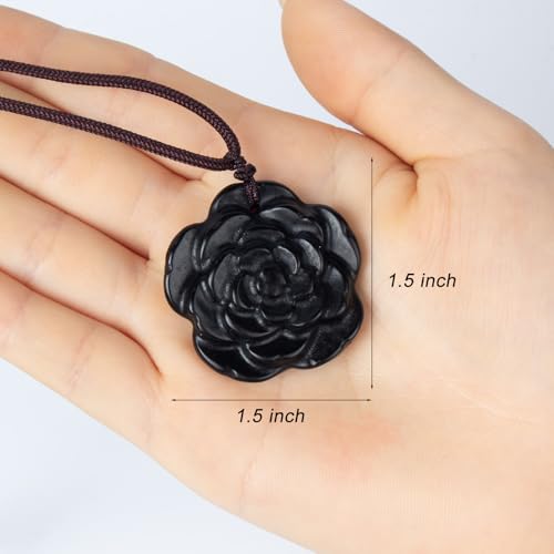 Crystal Flower Pendant Necklace for Women, Hand Carved Sculpted Flower Bloom Charm, Healing Stone Jewelry Gift for Her Mom Girlfriend - color: Black