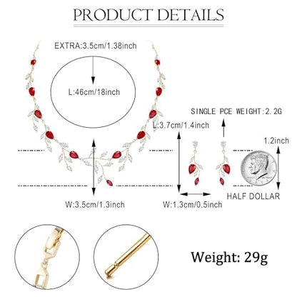 Cubic Zirconia Leaf Vine Wedding Jewelry Set for Bride Women Bridesmaid | Pear-Shaped Birthstone, Necklace Dangle Earrings for Bridesmaid, Silver-Plated-Brass - color: 2pcs_Red Gold-Plated-Brass