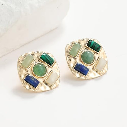 Geometric Large Stud Statement Earrings, Gold Tone Square Stud with Multi-Color Gemstone Design, Fashion Jewelry for Women - color: Cyan