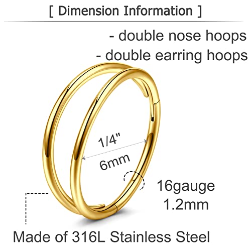 Double Hoop Nose Ring - Silver Gold Diamond 316L Surgical Steel Cartilage Earring Helix Hoops 20g 18g 16g - color: double hoop gold
