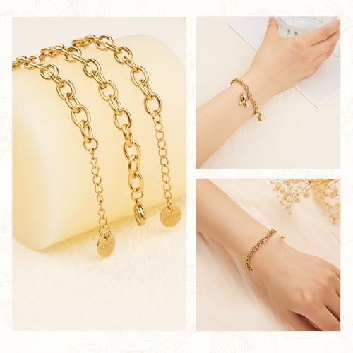 KYUNHOO 10 PCS 6.7 Inches Charm Bracelet Chains for Jewelry Making Extender | Gold Plated Stainless Steel Chain Link Bracelets Making Set with Lobster Clasps Adjustable Extender - color: Gold