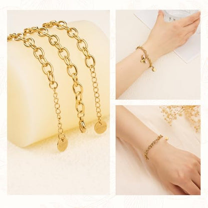 KYUNHOO 10 PCS 6.7 Inches Charm Bracelet Chains for Jewelry Making Extender | Gold Plated Stainless Steel Chain Link Bracelets Making Set with Lobster Clasps Adjustable Extender - color: Gold