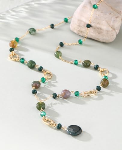 FULU AUTUMN Long Gold Beaded Necklaces for Women Natural Stone Bead Statement Pendant Necklace Y Sweater Chain Fashion Jewelry Gifts - color: Green