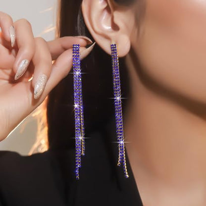 Sparkly Rhinestone Long Tassel Dangle Earrings Crystal Chandelier Dangle Drop Earrings Wedding Party Prom Earrings Jewelry for Women Gifts - color: Silver Blue
