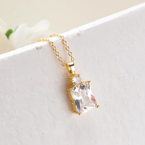 CiNily Rectangular Crystal Necklace for Women Trendy, Pendant Necklace with Chain 14K White Gold | Gold Plated Multicolor Birthstone Pendant Necklaces Boho Jewelry for Christmas Birthday Wedding - color: Gold-White cz