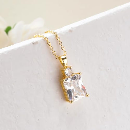 CiNily Rectangular Crystal Necklace for Women Trendy, Pendant Necklace with Chain 14K White Gold | Gold Plated Multicolor Birthstone Pendant Necklaces Boho Jewelry for Christmas Birthday Wedding - color: Gold-White cz