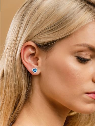 FindChic Birthstone Earrings for Women, Round/Heart/Square/Teardrop Earrings with 925 Sterling Silver Posts & Push Backs, Hypoallergenic Studs with Cubic Zirconia, 12 Months Jewelry with Gift Box - style: 12. December-Blue Topaz (Heart-Silver)