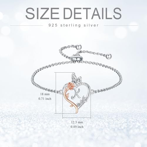 TOUPOP Gifts for Women Rose Heart Initial Bracelet 925 Sterling Silver Butterfly Letter Link Bracelet Love Jewelry Anniversary Birthday Gifts for Wife Girlfriend Mom Her - style: Initial K