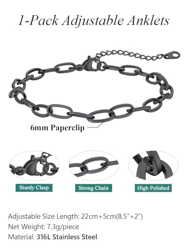 FaithHeart Waterproof Ankle Bracelets for Women, 1/2/3Pcs Non Tarnish Stainless Steel Layered Anklet Set Paperclip Figaro Cuban Link Chain Dainty Summer Beach Jewelry Gift Adjustable Size - style: c.Paperclip - Black