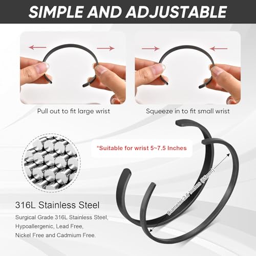 Stainless Steel Mens Cuff Bracelet : Minimal Cool Silver/Black/Gold Plated Open Metal Cuff Bangle Bracelets for Men,Mens Bracelet Jewelry Gift - color: Black-2-Pack, size: Medium( fit 5.5"-7.2" wrist)
