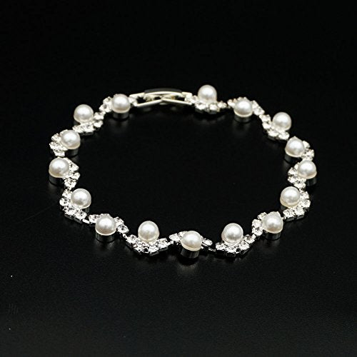 JSEA Womens 4mm Faux Pearl Wave Link Bracelet Silver Rhinestone Bracelets