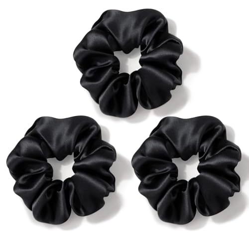 Zenssia Silk Scrunchies for Hair, Mulberry Silk Hair Ties for Women and Girls, No Damage Elastic Ponytail Holders（Black, 3 Pack） - color: Black*3