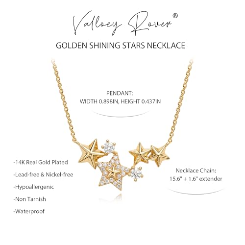 Valloey Rover Gold Star Necklace for Women: Danity 14K Gold Plated Star Moon Charm Pendant with Cubic Zirconia Choker Necklace for Women Trendy Jewelry Gift - color: round stars
