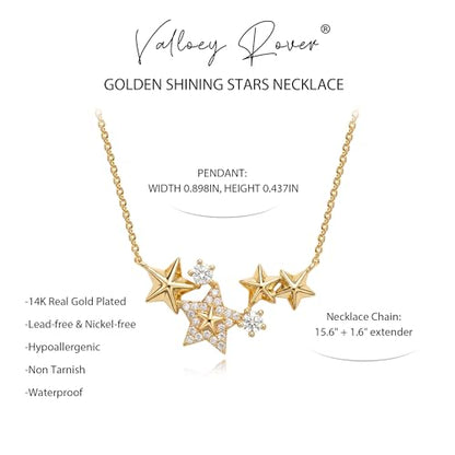 Valloey Rover Gold Star Necklace for Women: Danity 14K Gold Plated Star Moon Charm Pendant with Cubic Zirconia Choker Necklace for Women Trendy Jewelry Gift - color: round stars